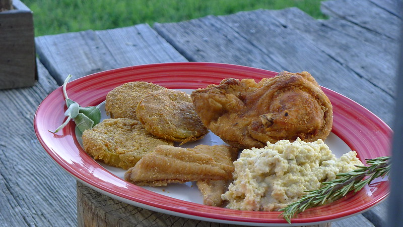 Fried Catfish with Fried Green Tomatoes and Grits